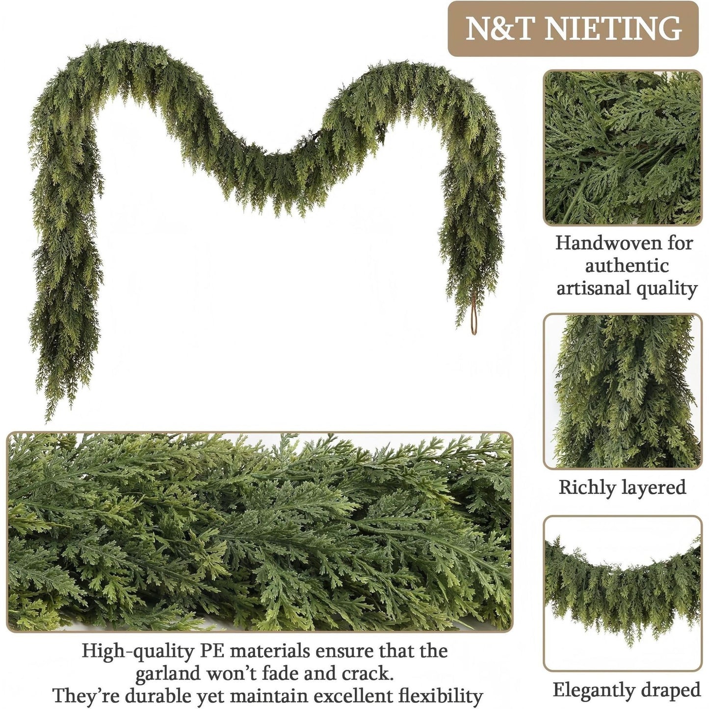 Artificial Christmas Garland - Soft Feel Pine Needle Garland for Stairs & Mantle